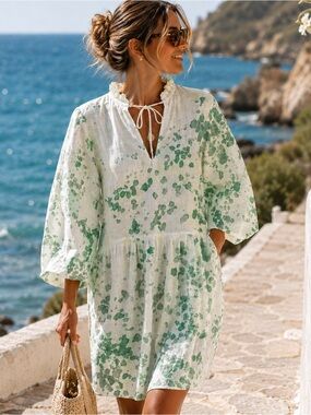 100% Linen Coastal Resort Dress Green Abstract Print Beach Cover Up Size XS NEW